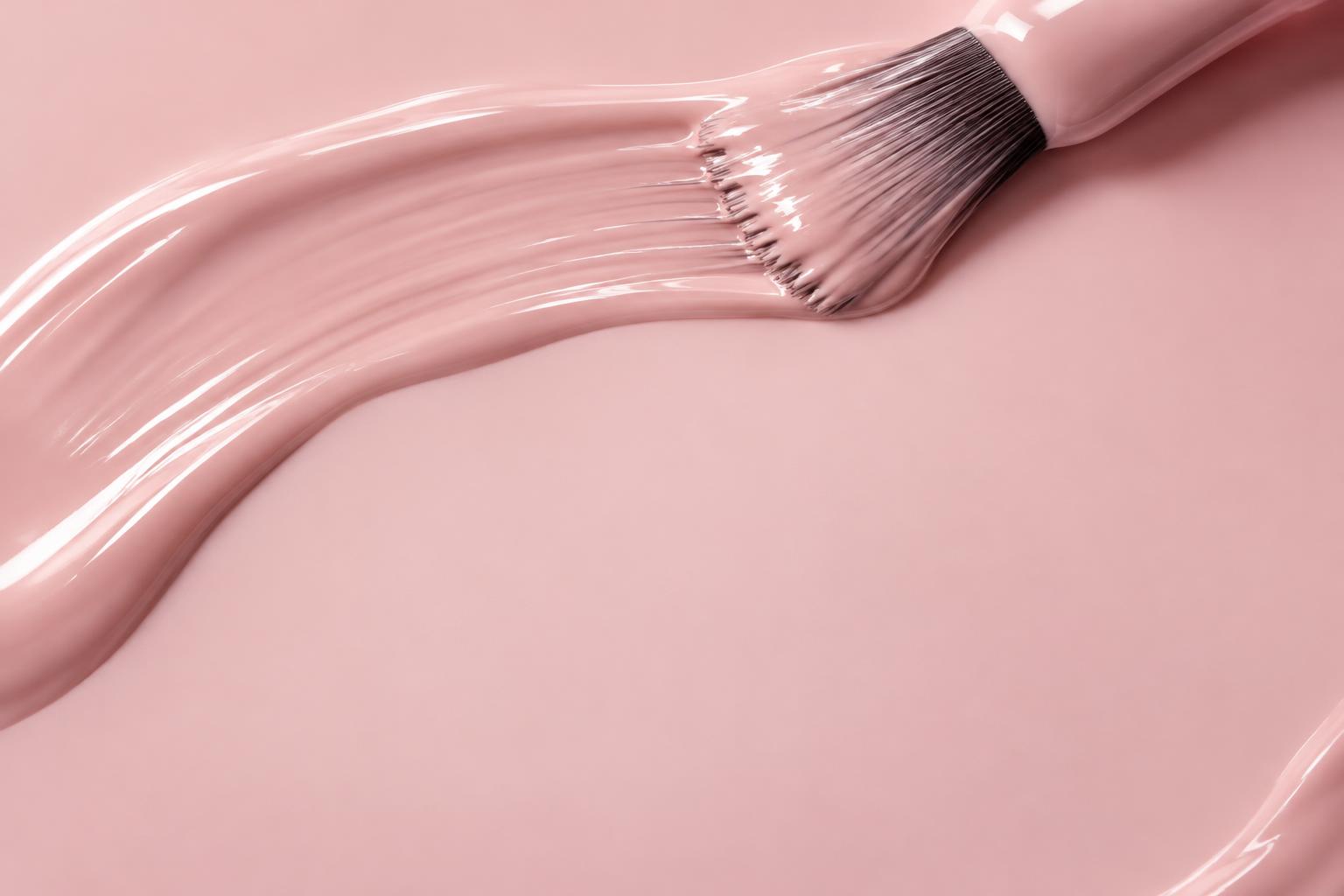Glossy blush-pink nail polish swept across a pink surface with a lacquer brush